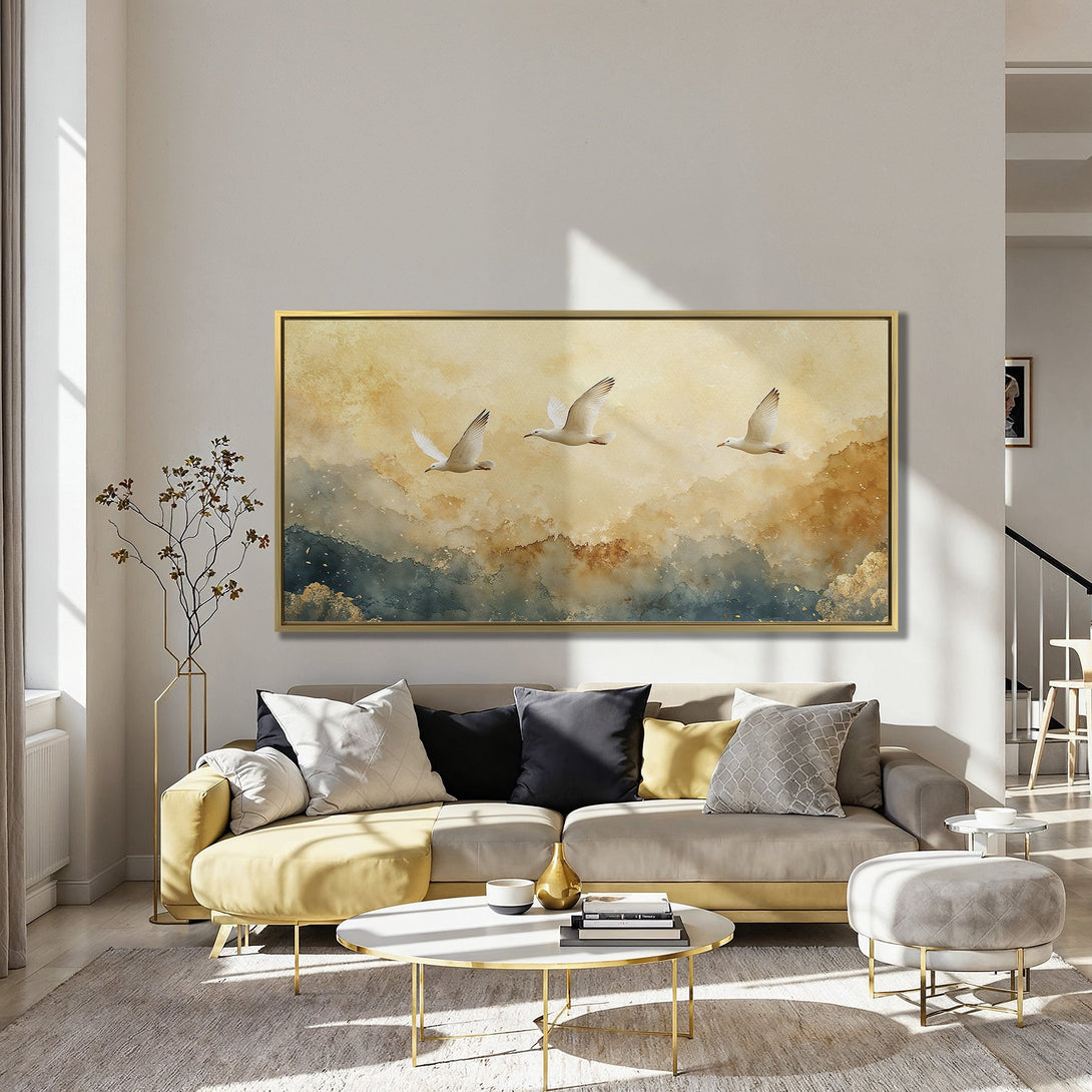 Canvas Print of seagulls in flight, watercolor style, featuring a warm gold and blue color palette. Perfect wall art for a modern home.
