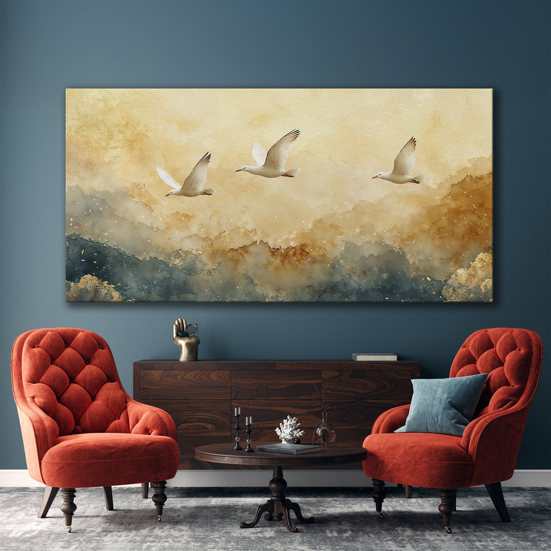 Framed Wall Art featuring watercolor seagulls in flight. Warm, neutral color palette with gold accents. Perfect for adding a touch of serenity to your space.