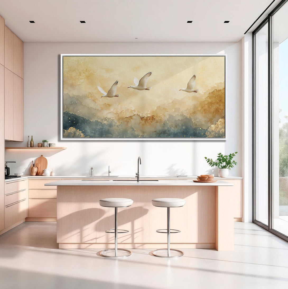 Framed Wall Art: Watercolor painting of birds in flight, displayed in a modern kitchen. Features a warm, neutral color palette with gold accents.