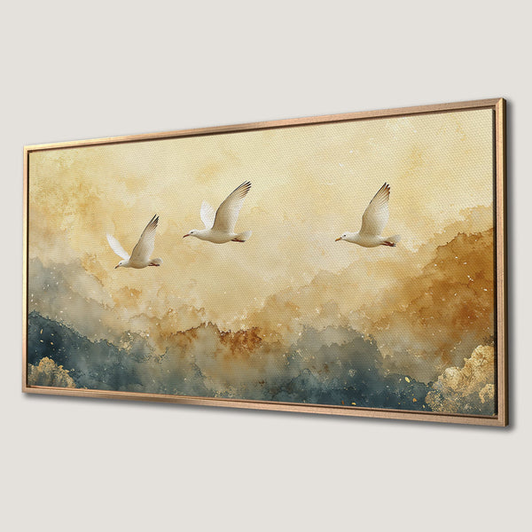 Framed Wall Art featuring seagulls in flight over watercolor landscape. Warm, earthy tones of gold, brown, and blue create a serene and stylish Canvas Print.