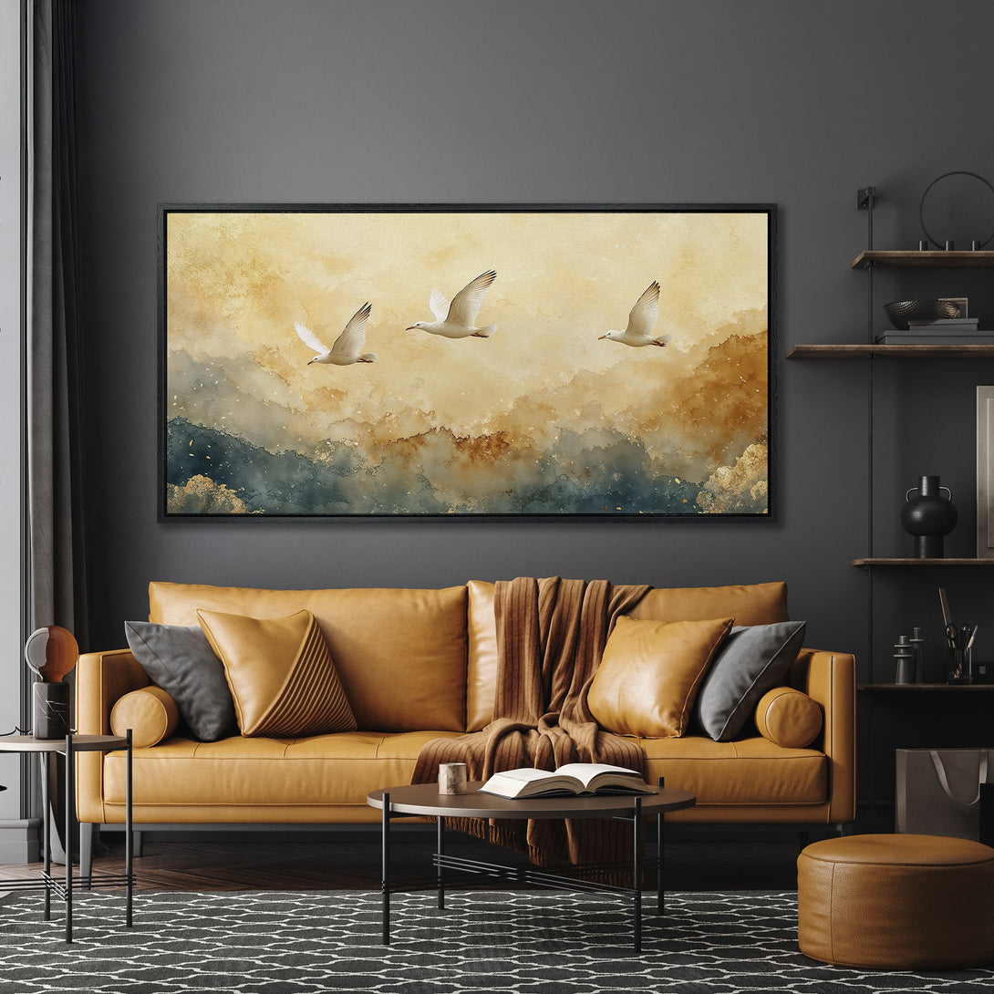 Framed Wall Art featuring watercolor seagulls in flight. Warm, earthy tones of gold & blue create a calming aesthetic. Perfect for living room decor.