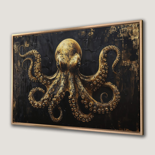Framed Wall Art featuring a striking gold octopus on a textured black background. Modern, luxurious artwork with a bold gold and black color palette.
