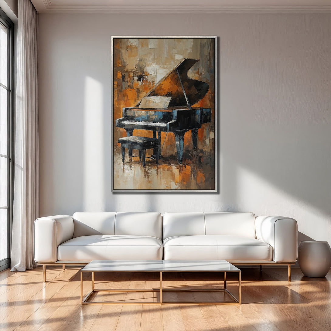 Framed Wall Art: Abstract piano painting in warm orange & brown tones. Modern decor for living room. Canvas Print adds elegance to any space.