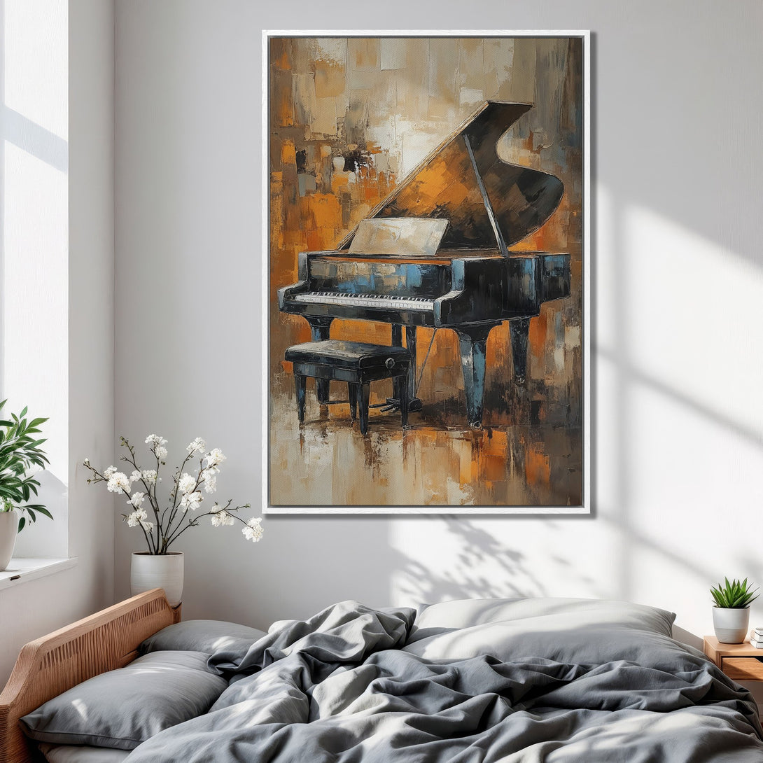 Framed Wall Art featuring a grand piano. Impressionistic style with warm orange and brown tones. Perfect for adding elegance to your bedroom decor.