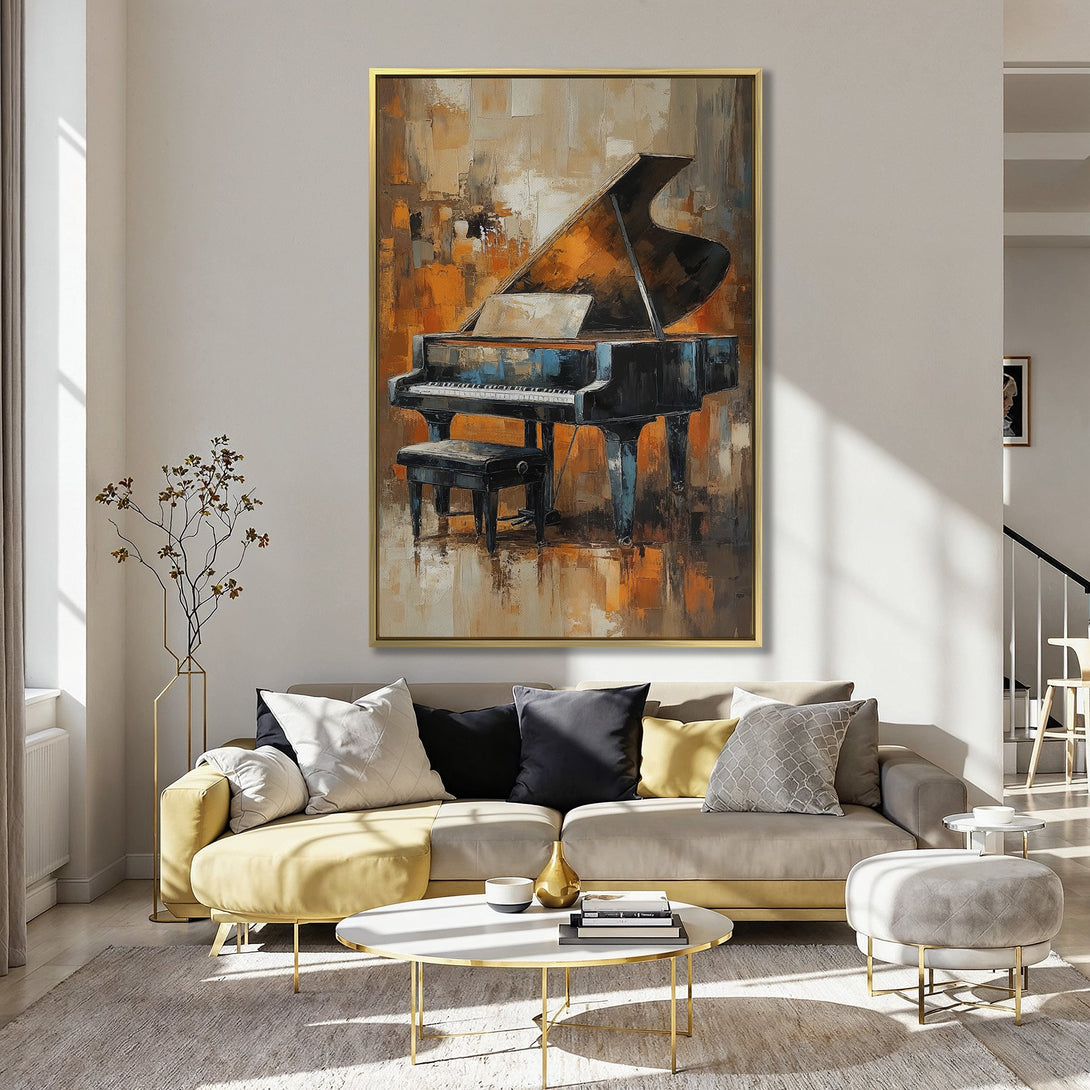 Canvas Print of a grand piano in an impressionistic style, featuring warm orange and cool blue tones. Perfect wall art for any music lover's home.