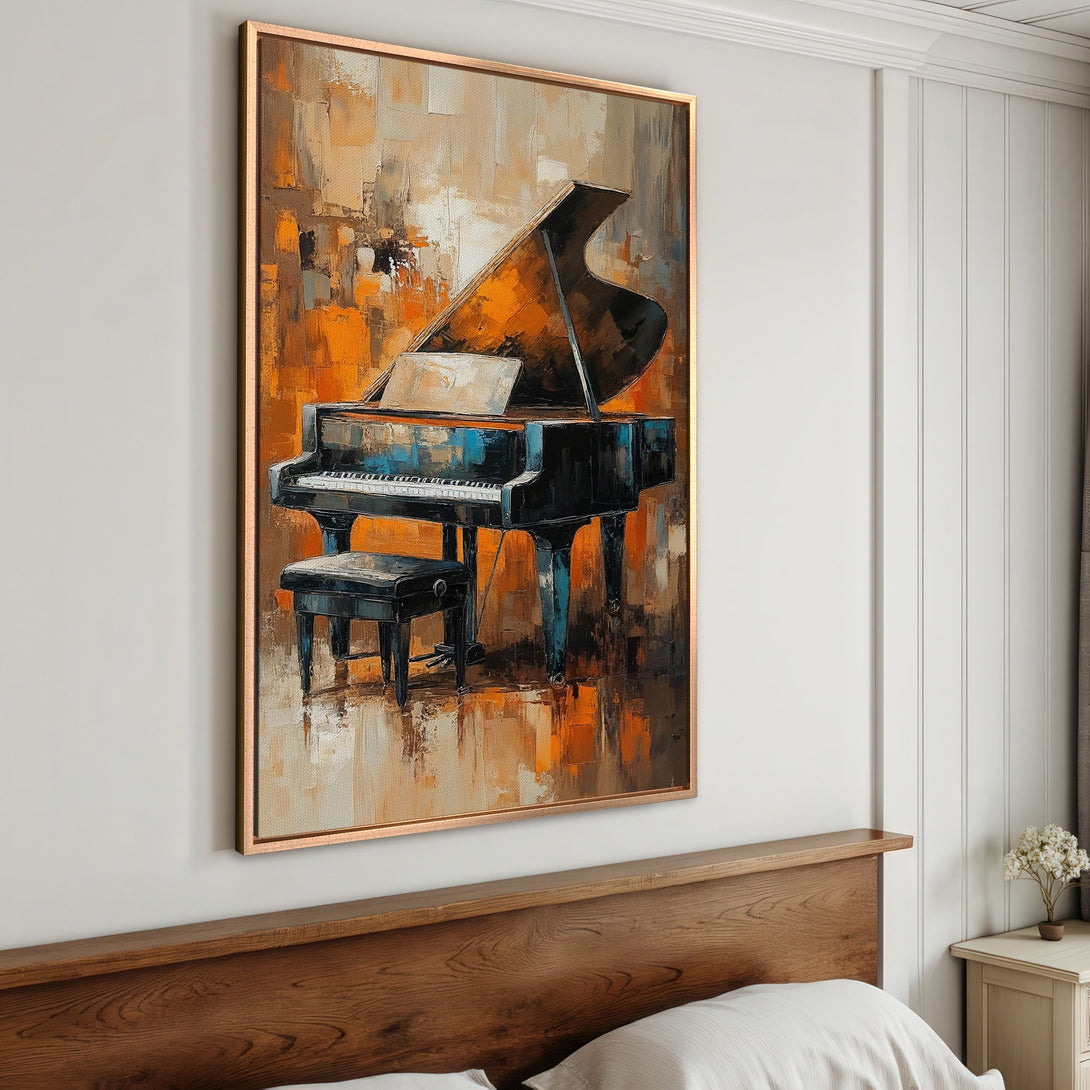 Framed Wall Art: Abstract piano painting in warm orange and brown tones. Modern art canvas print for living room or bedroom decor.