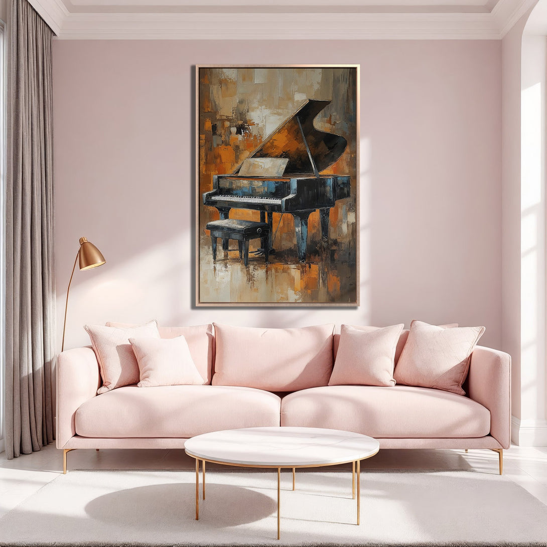 Framed Wall Art: Abstract piano painting in warm orange and brown tones. Elegant interior design with pink sofa and gold accents.
