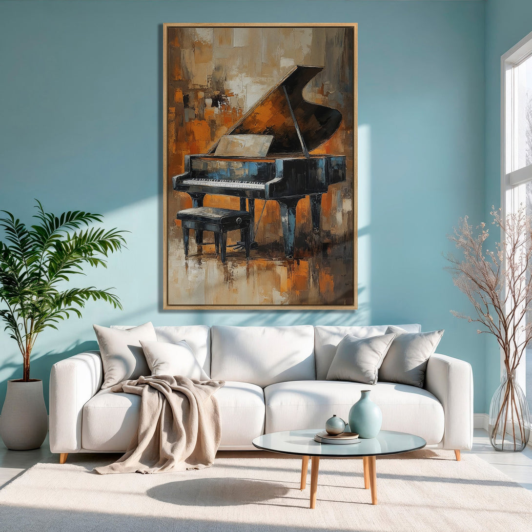 Framed Wall Art: Abstract piano painting in warm orange and blue tones. Perfect for adding artistic flair to your living room.