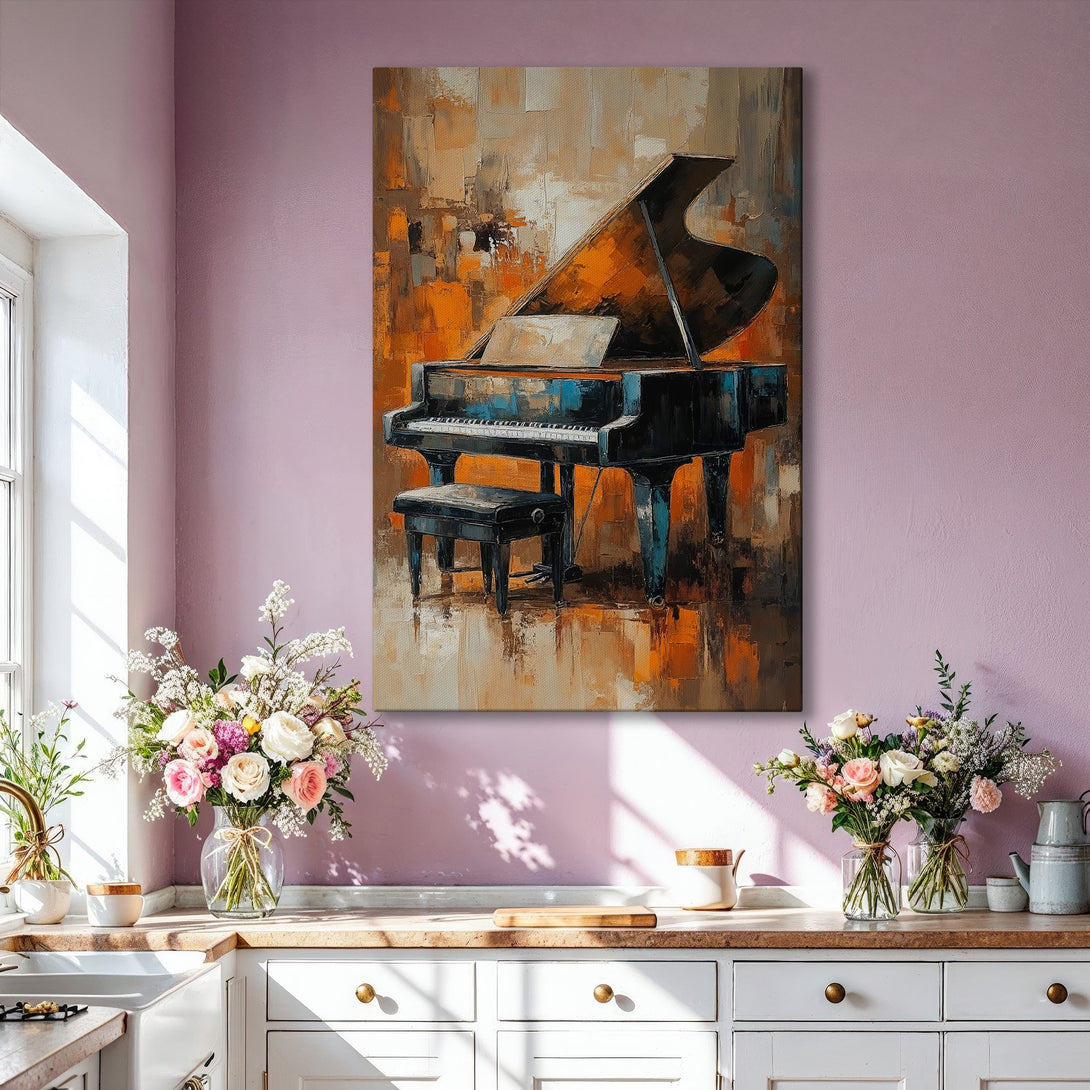 Framed Wall Art: Abstract piano painting in warm orange and brown tones. Elegant canvas print for living room decor, adds sophistication to any space.