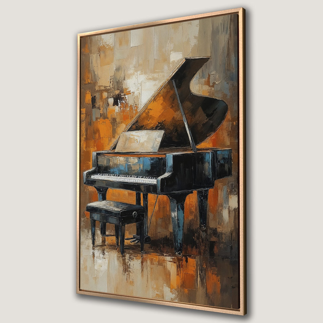 Framed Wall Art of a grand piano in an abstract style, featuring warm orange, brown, and black tones. Perfect for adding musical elegance to any space.