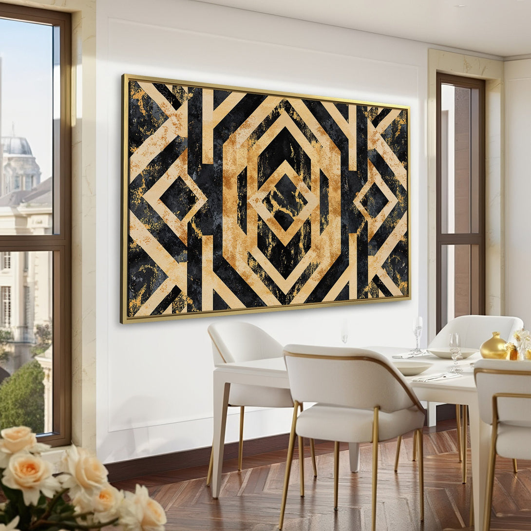Geometric Canvas Print in black, gold, and beige. Modern art decorates a green interior, enhancing the room's elegance.