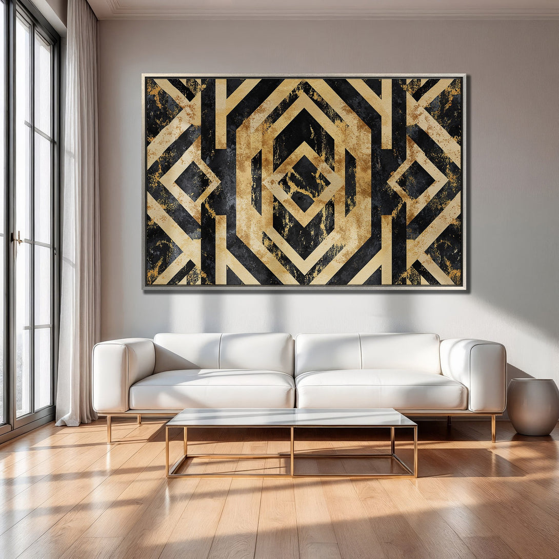 Framed Wall Art: Geometric black and gold abstract design. Modern art canvas print in a luxurious living room setting.