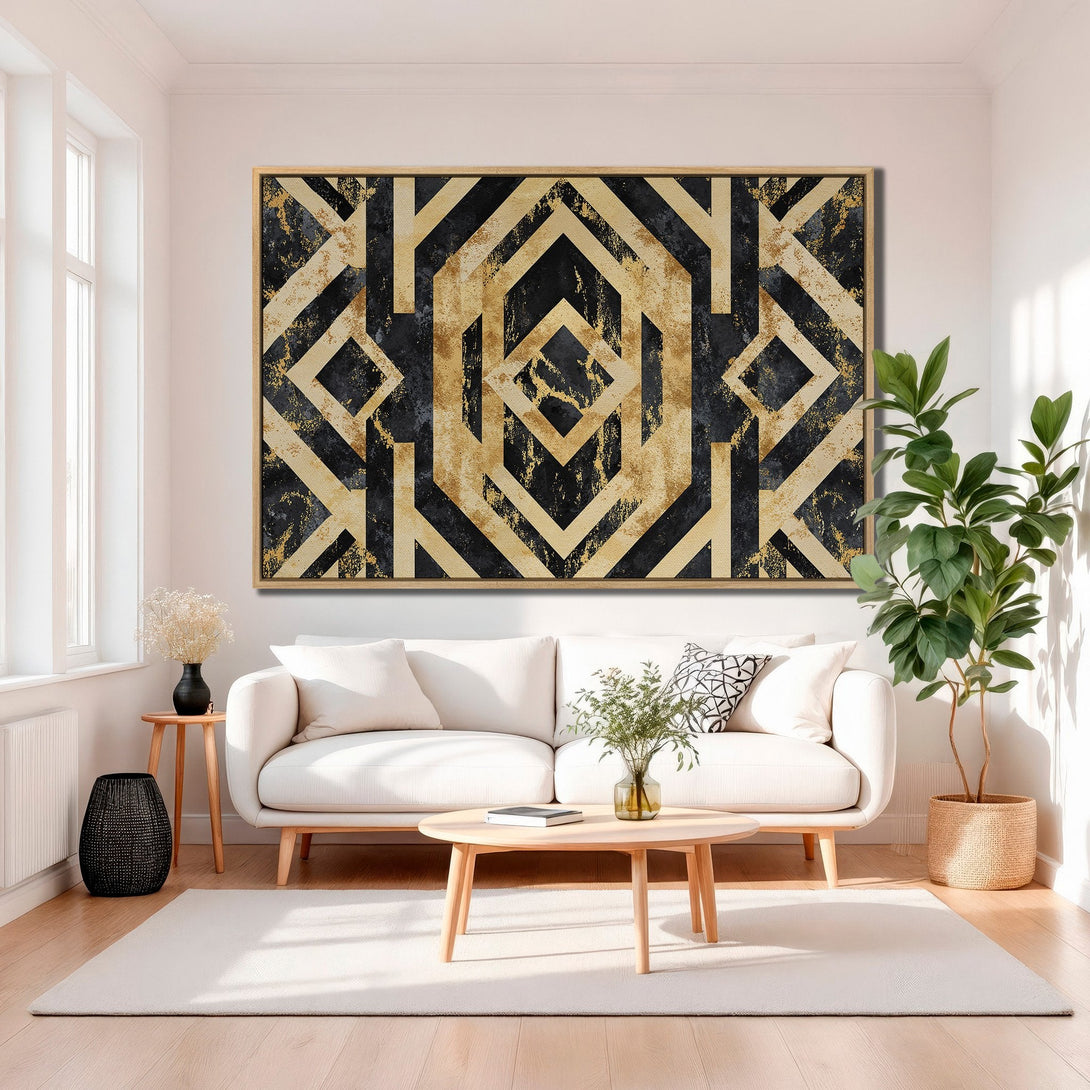 Framed Wall Art featuring a modern geometric design in black, gold, and beige, perfect for adding a touch of elegance to any space.