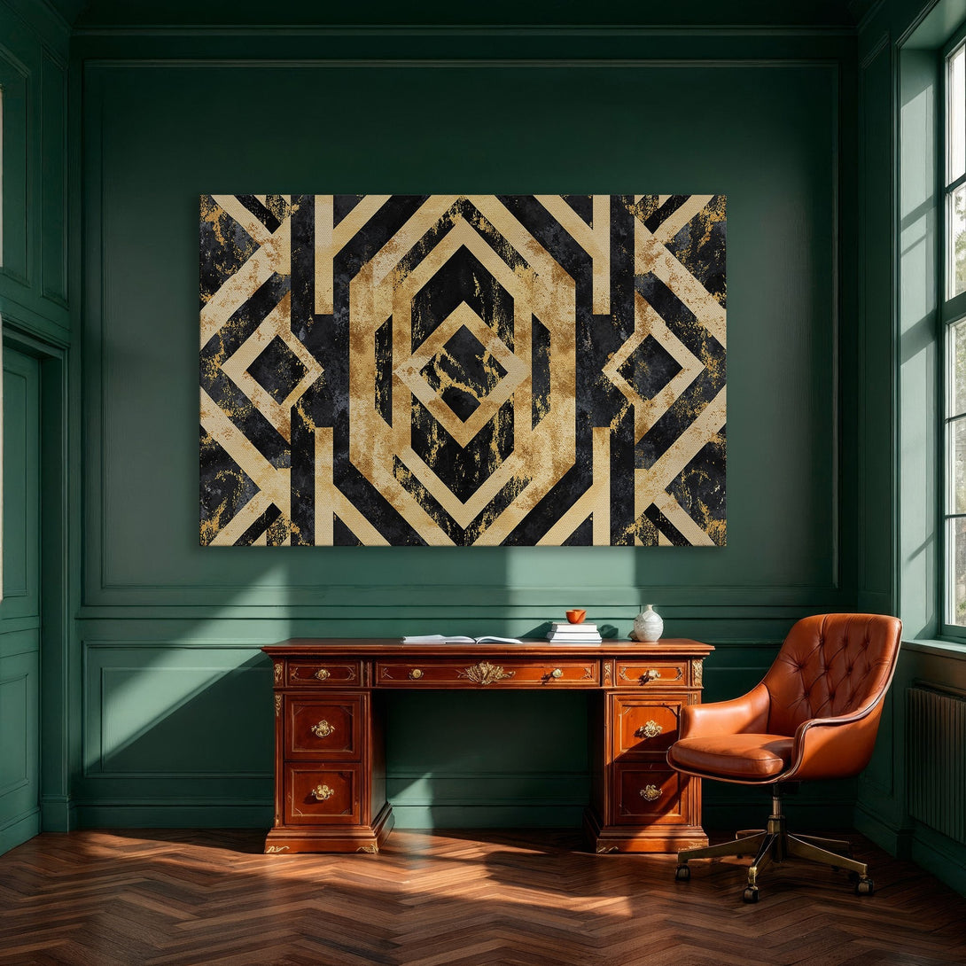 Framed Wall Art featuring a geometric gold and black design. Modern canvas print adds a touch of luxury to any dining room.