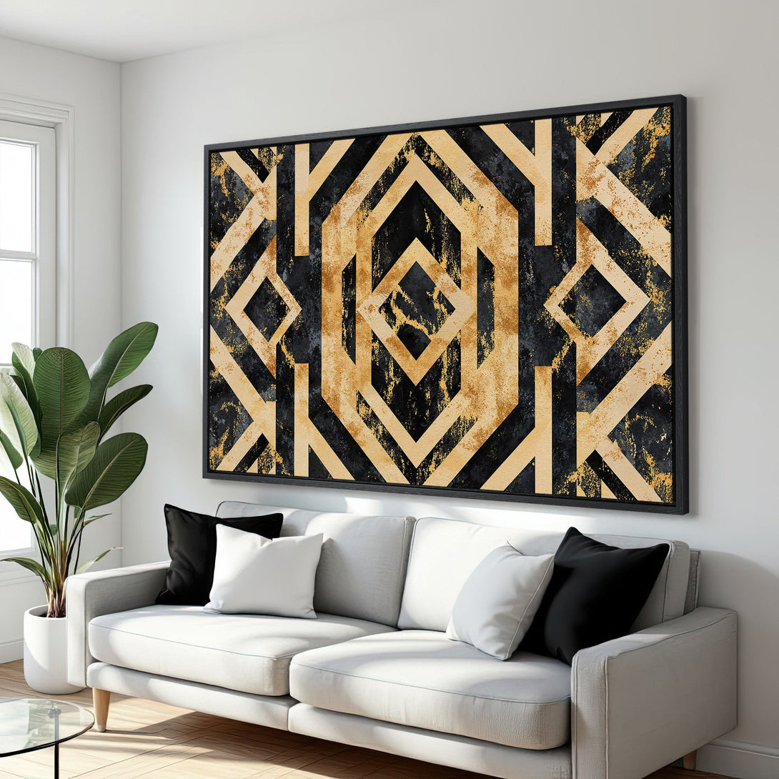 Framed Wall Art: Abstract geometric art print in gold and black. Modern decor for living room. Elevate your space with this stylish canvas print.