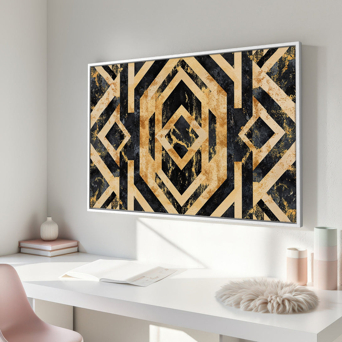 Framed Wall Art: Geometric design in black, gold, and beige. Modern abstract art canvas print adds elegance to any interior.