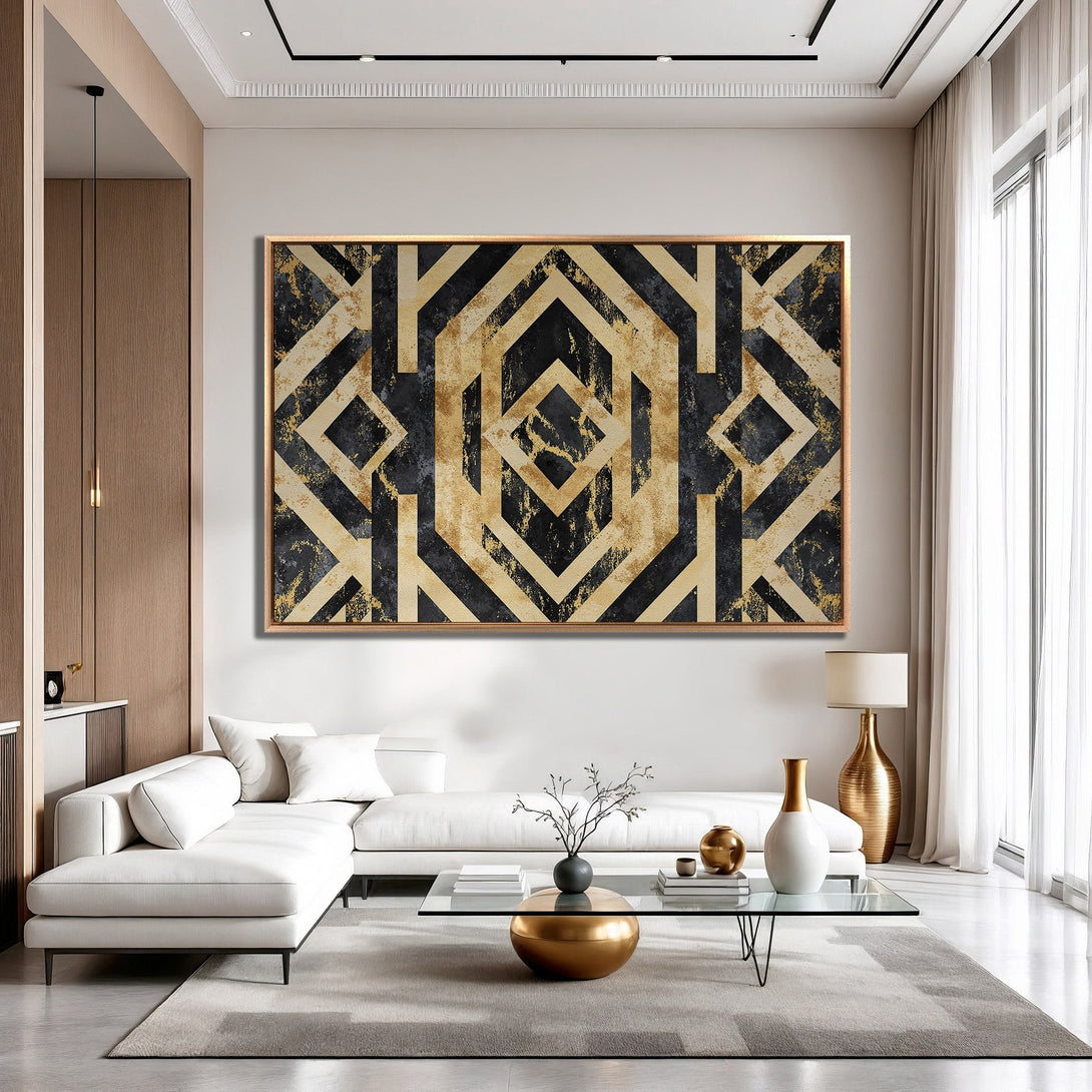 Framed Wall Art featuring a modern geometric design in black, gold, and beige. Elevate your space with this stylish canvas print.