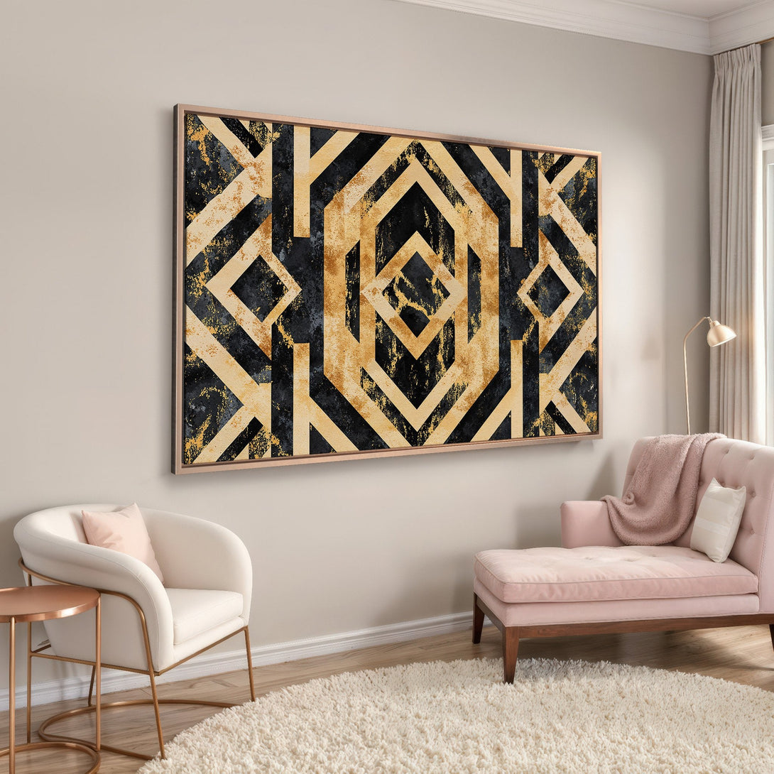 Framed Wall Art: Geometric abstract art in gold, black, and beige. Modern canvas print adds a touch of luxury to any interior space.