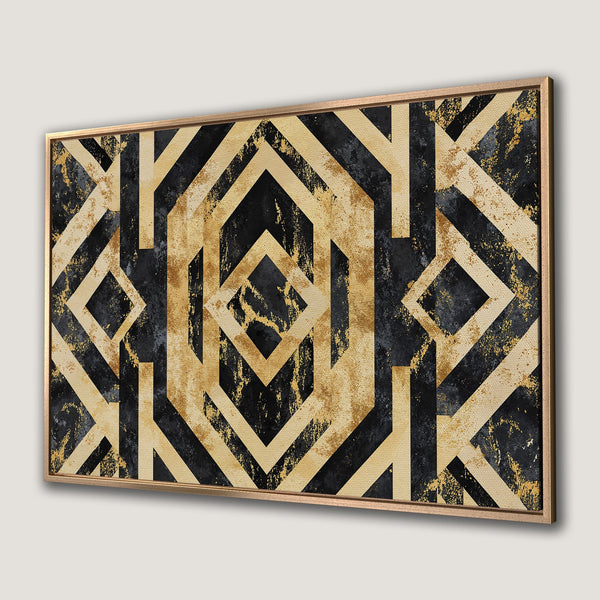Framed Wall Art featuring a modern geometric design in gold, black, and beige. Perfect for adding a touch of luxury to your space.