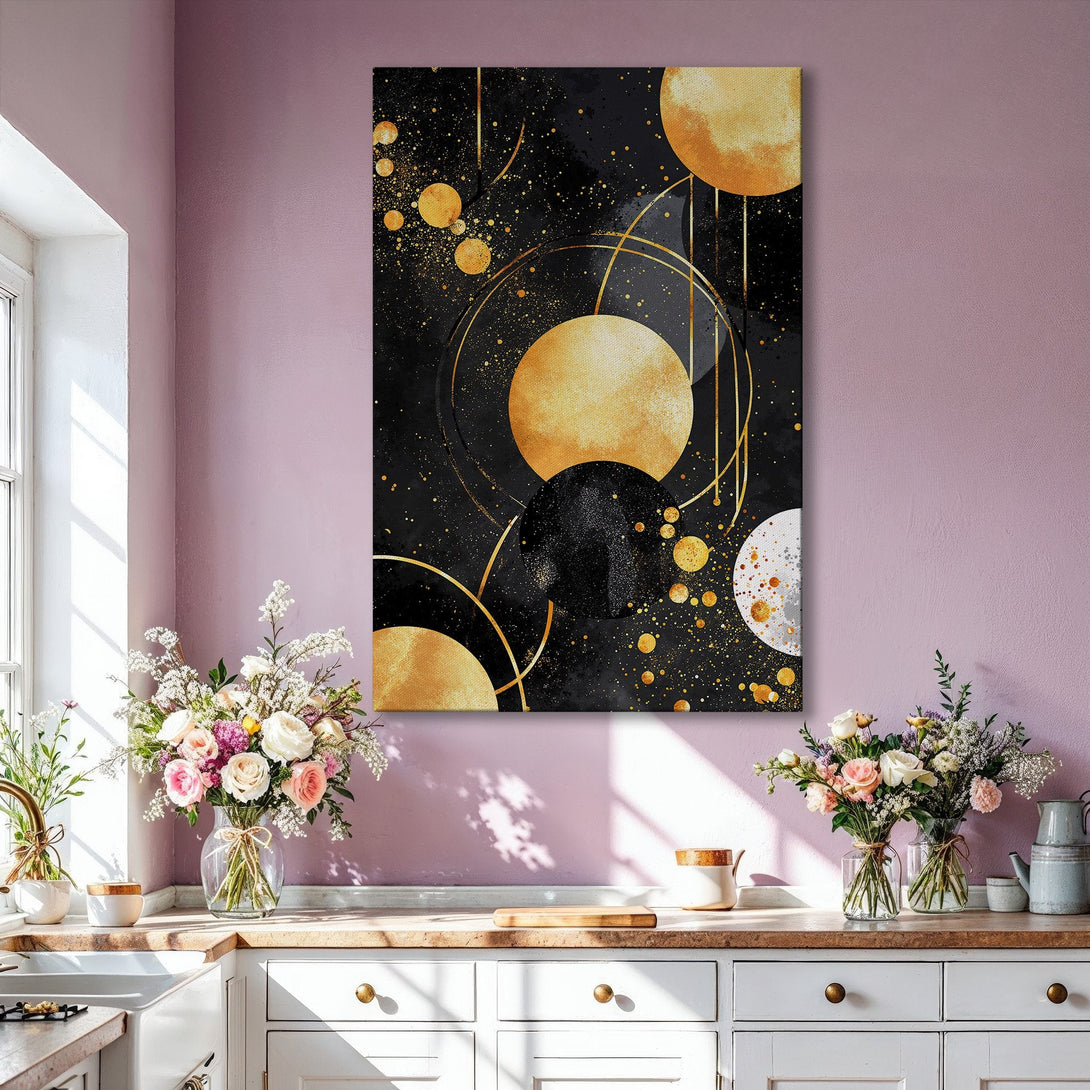 Framed Wall Art: Abstract gold and black geometric art print. Modern style with a luxurious gold and dark color palette, perfect for living room decor.