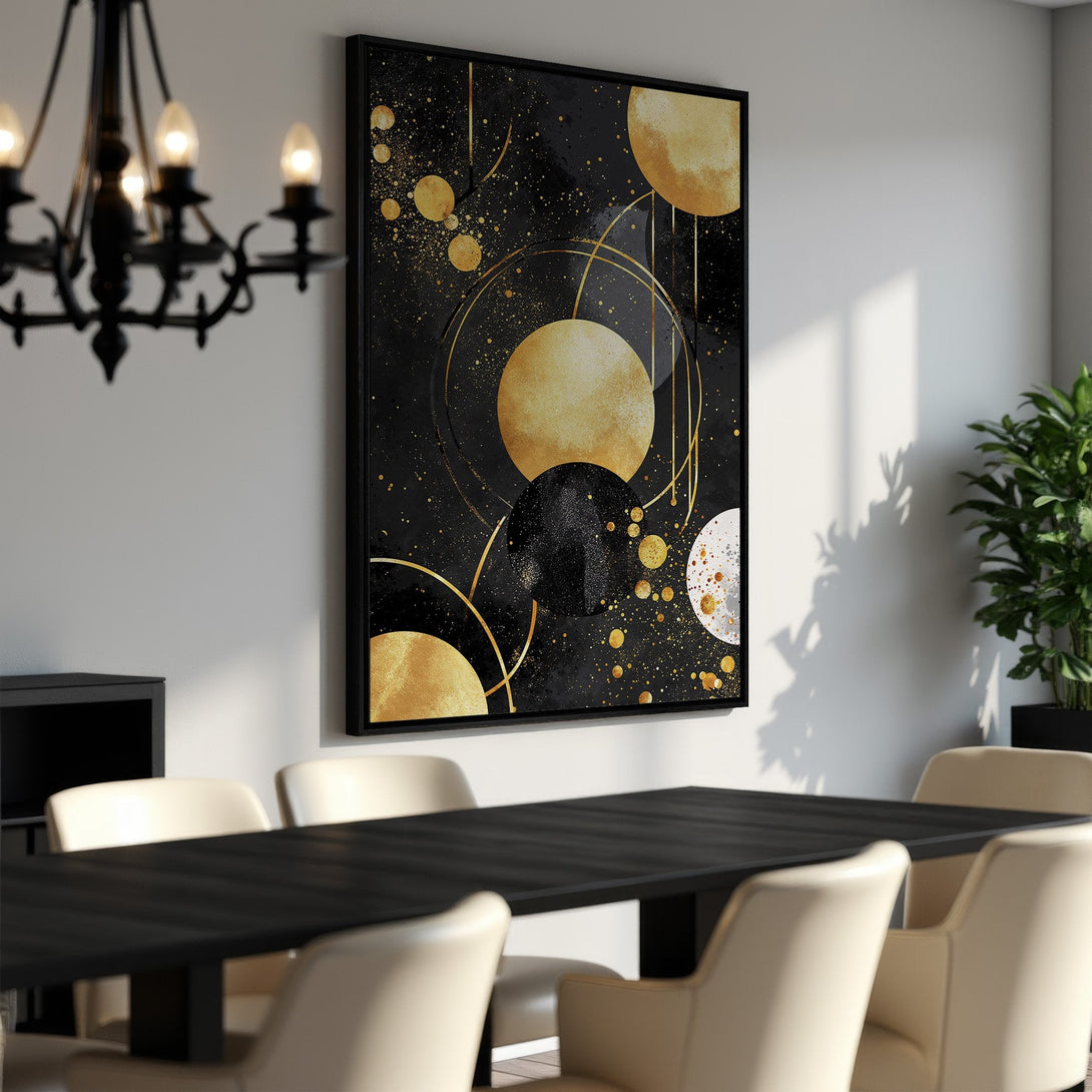 Framed Wall Art featuring a modern abstract design in black and gold. Perfect for adding a touch of elegance to your dining room or living space.