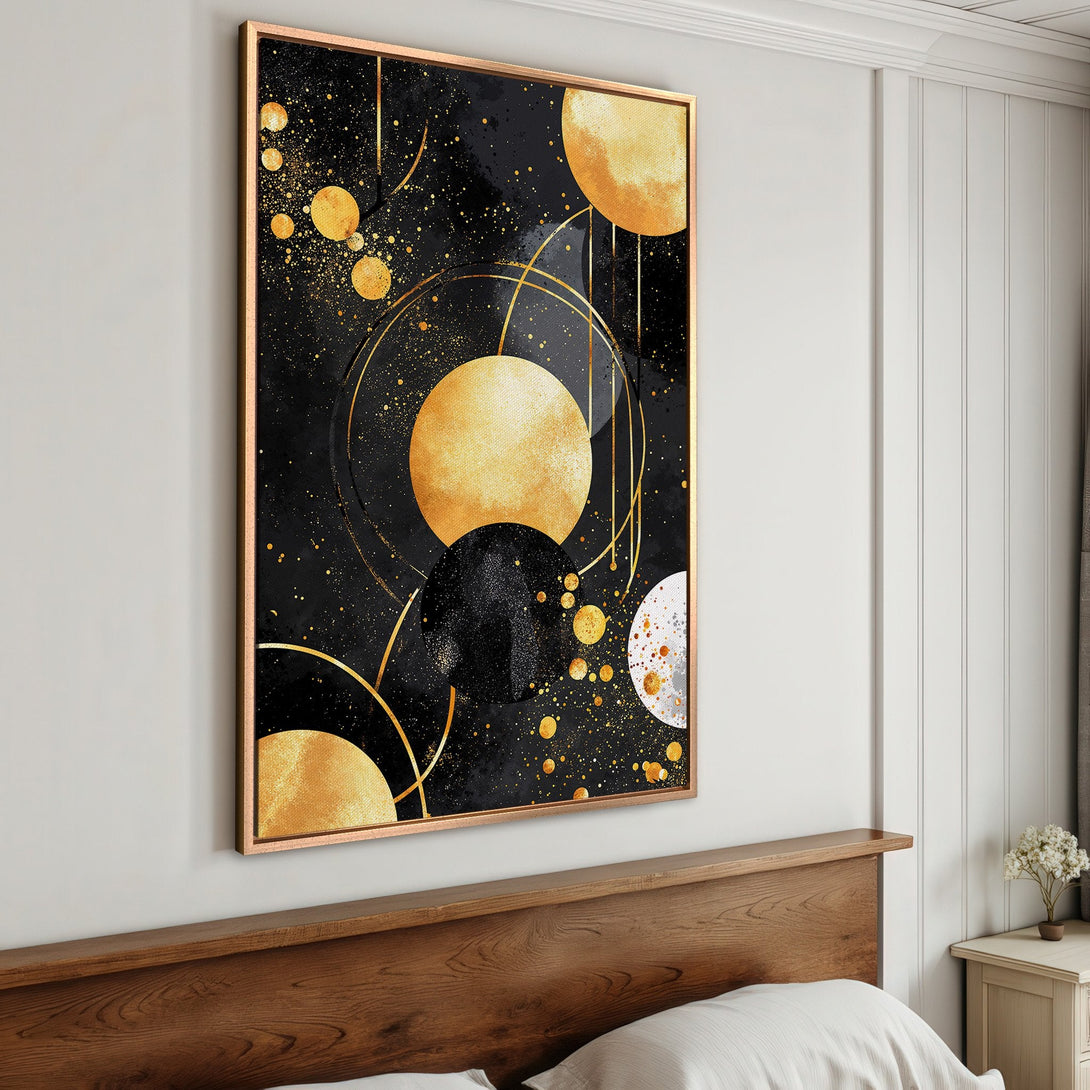 Framed Wall Art: Abstract gold and black art print. Modern style canvas print with geometric shapes and a luxurious color palette for stylish home decor.