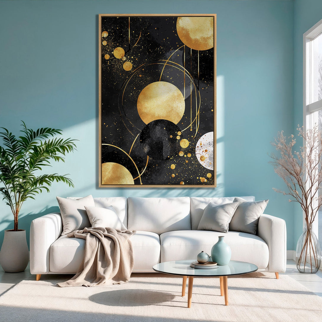 Framed Wall Art: Abstract gold and black circles Canvas Print. Modern art decor with a luxurious, elegant style. Perfect for living room or bedroom.