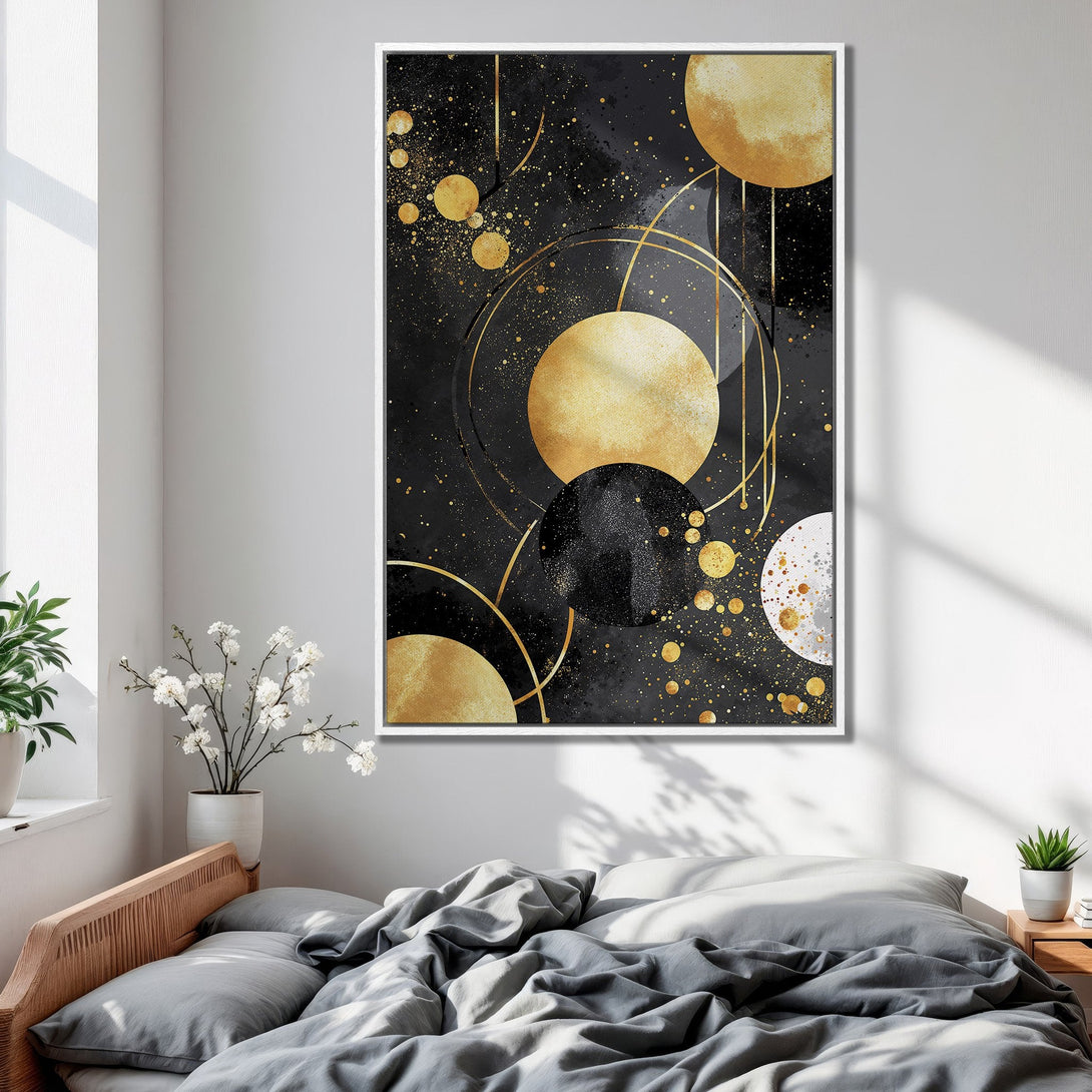 Framed Wall Art featuring an abstract design with gold and black geometric shapes. Modern art piece with a luxurious, elegant color palette.