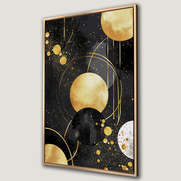 Framed Wall Art featuring abstract gold and black celestial design. Modern canvas print perfect for adding a touch of luxury to your home decor.