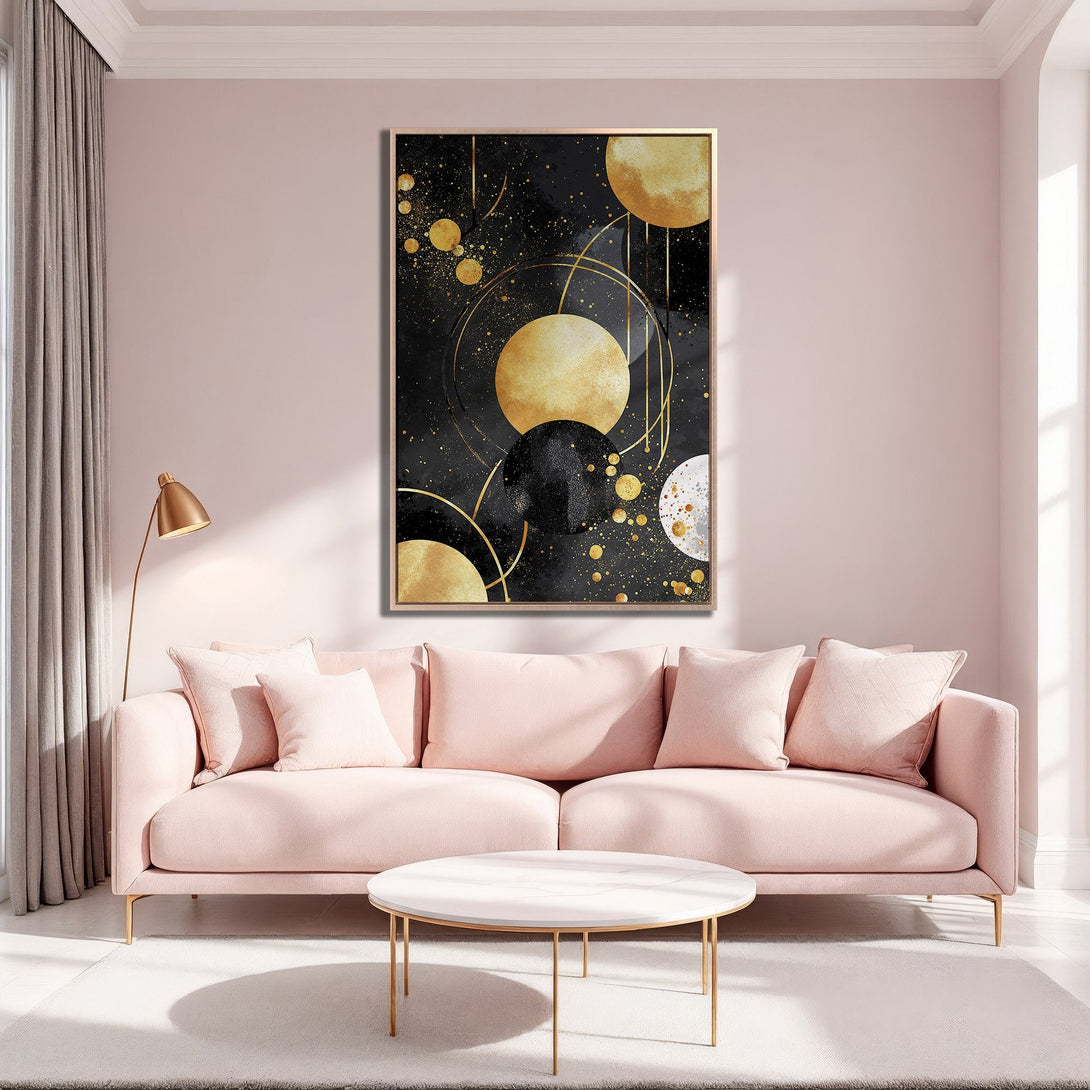 Framed Wall Art featuring abstract gold and black celestial design. Modern art print adds a touch of luxury to any space. Perfect for living rooms and bedrooms.