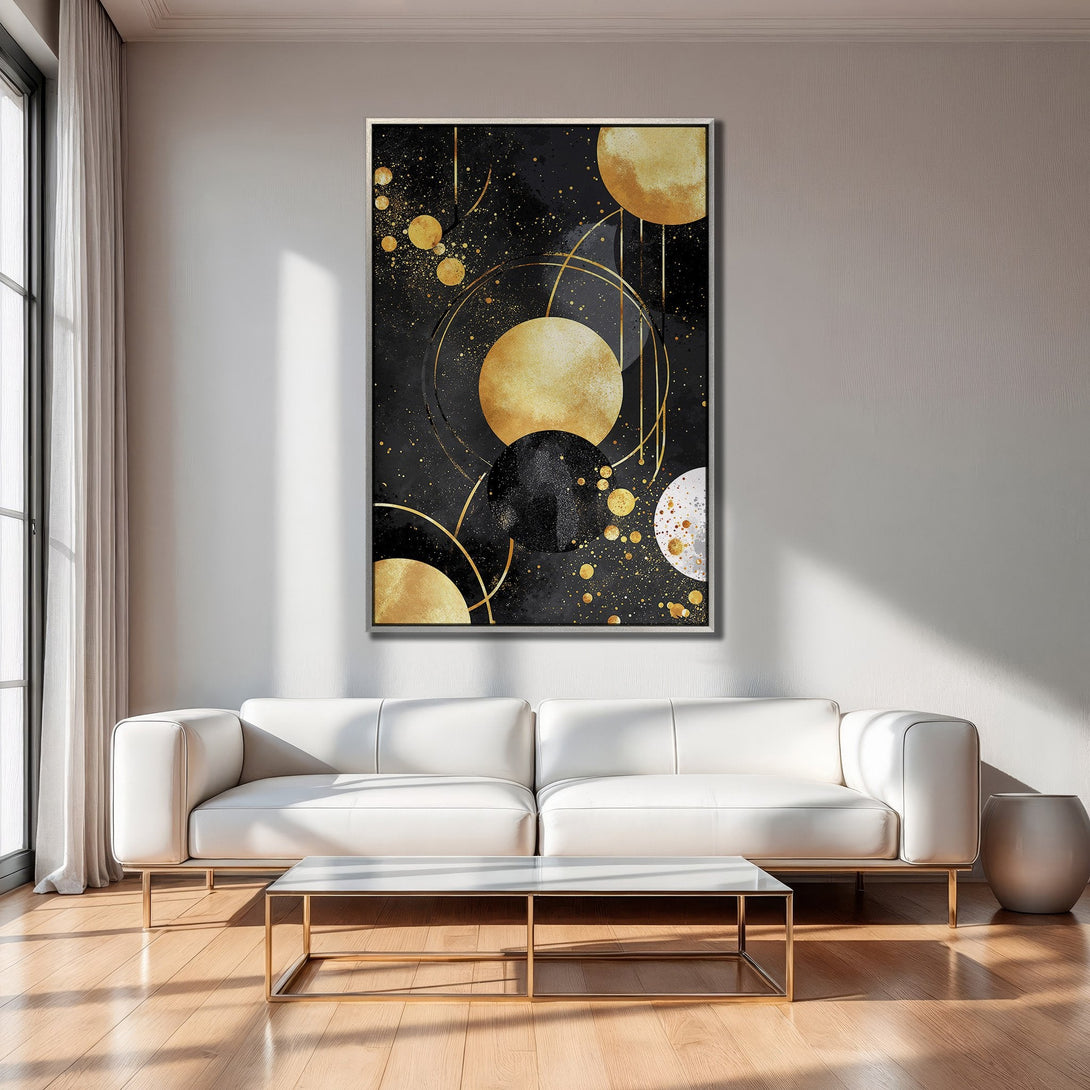 Framed Wall Art featuring abstract gold and black circles. Modern art canvas print, perfect for adding elegance to any living room.