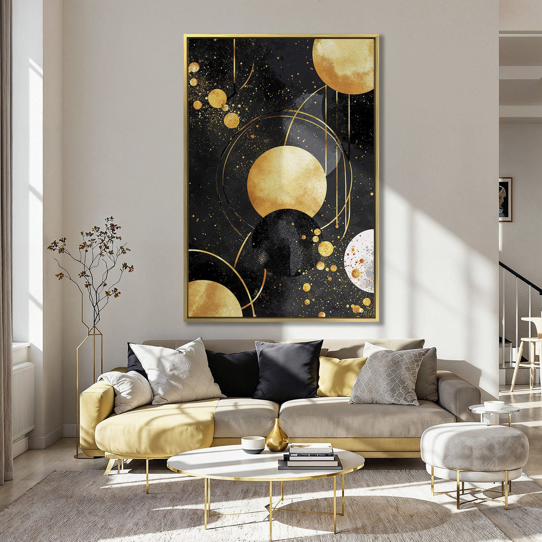 Canvas Print featuring abstract gold and black geometric art, perfect for modern decor. Adds a touch of luxury with a gold color palette.