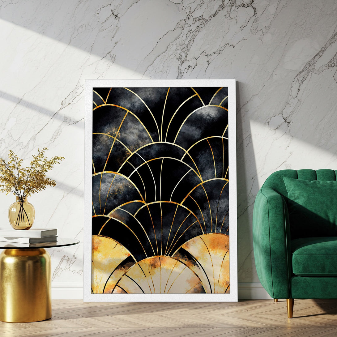 Framed Poster featuring an Art Deco design in black, gold, and warm tones. Elevate your space with this stunning wall art!