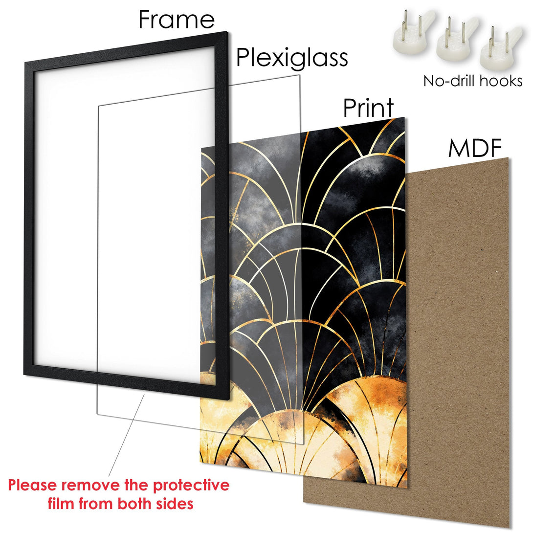 Framed Poster featuring an Art Deco design in black, gold, and gray. Elevate your space with this stylish wall art!