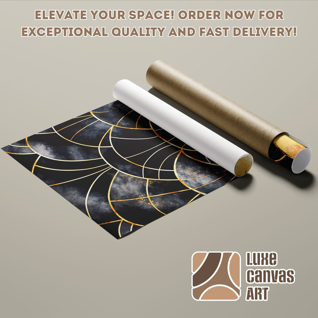 Abstract art Poster Roll with gold accents on black, ready to elevate your space! Order now!