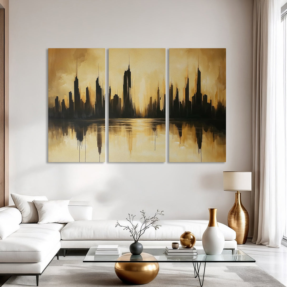 Abstract cityscape Canvas Print in gold and black, perfect for modern home decor. Enhance your space with this stunning wall art!