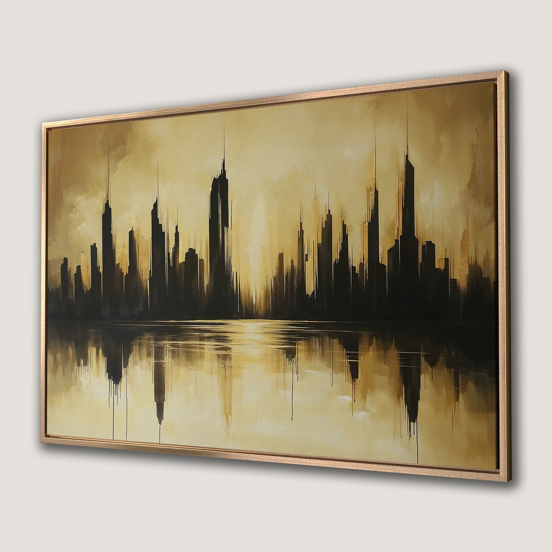 Framed Wall Art: Abstract cityscape Canvas Print in gold and black. Modern art for your home.