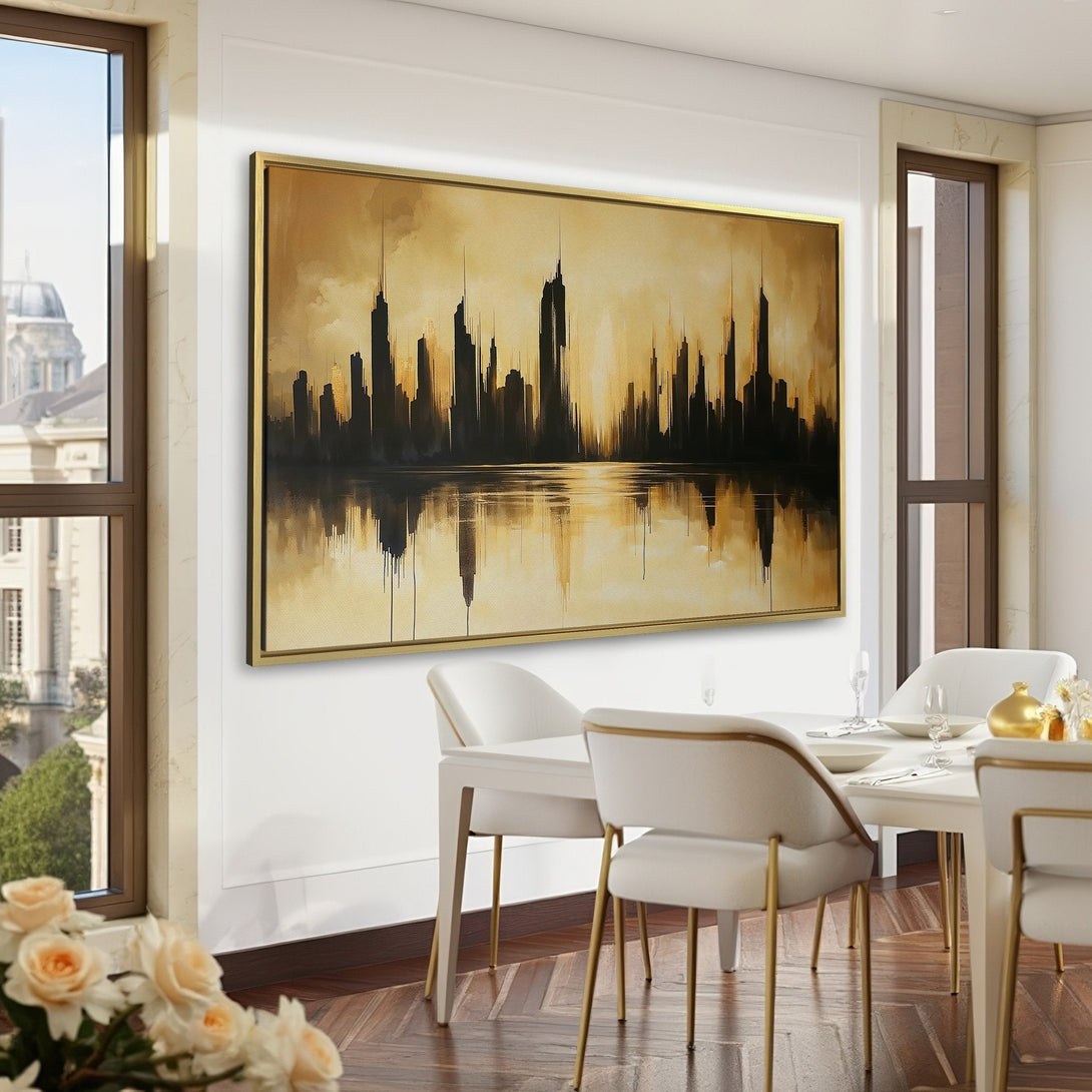 Canvas Print of an abstract cityscape in sepia tones. Modern wall art for a sophisticated interior. Gold and black color palette.