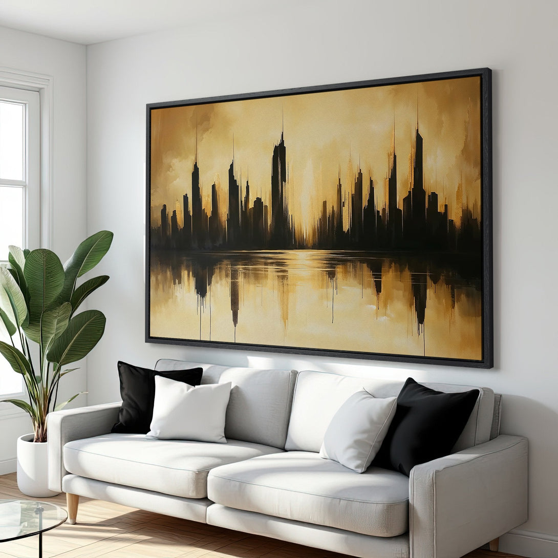 Framed Wall Art: Abstract cityscape Canvas Print in gold and black, adding modern art to your living room decor.