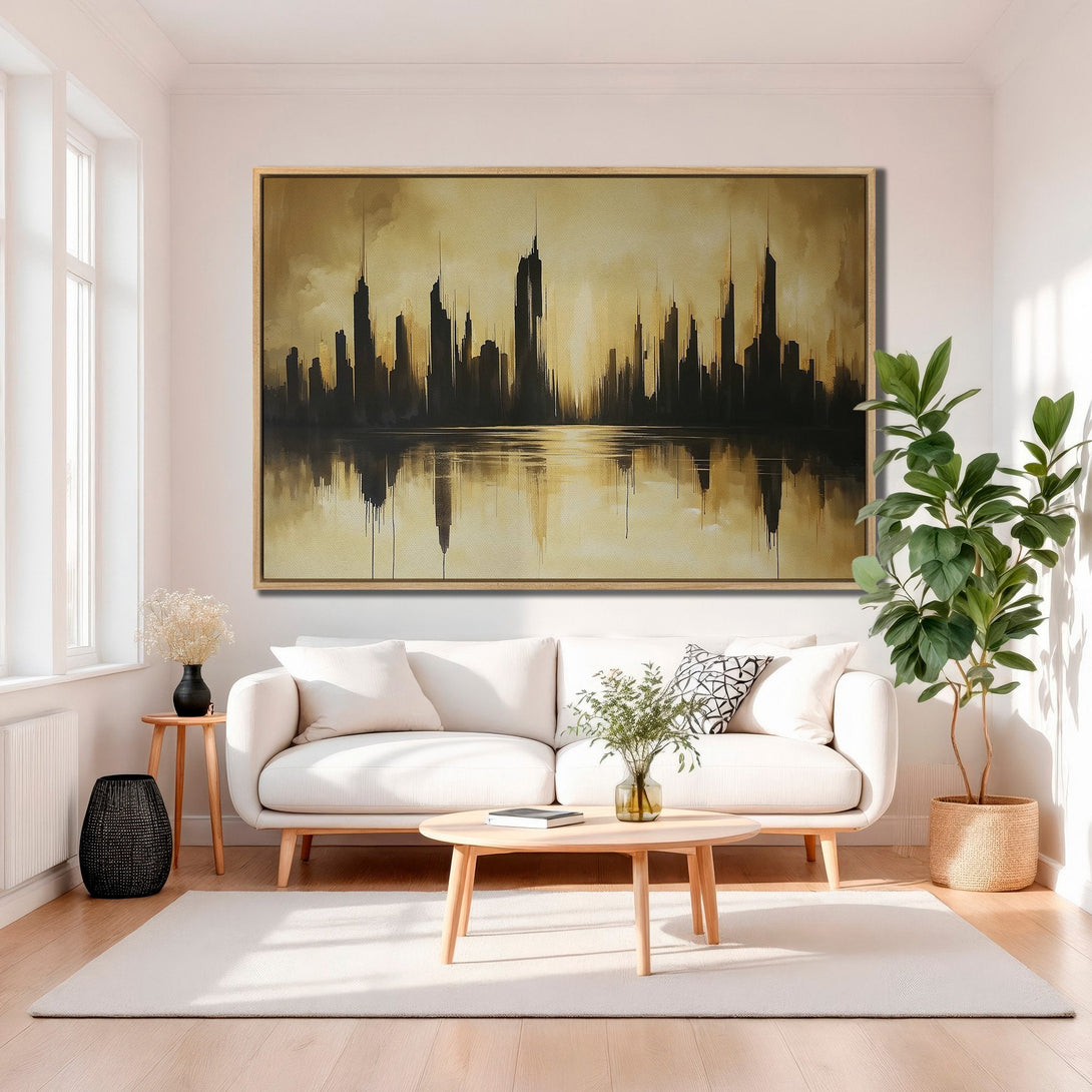 Framed Wall Art: Abstract cityscape Canvas Print in gold and black, perfect for modern home decor. Add a touch of elegance to your living room!