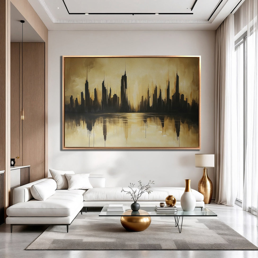 Framed Wall Art featuring a cityscape in a neutral color palette. Modern abstract art for your living room. Enhance your space with this stunning piece.