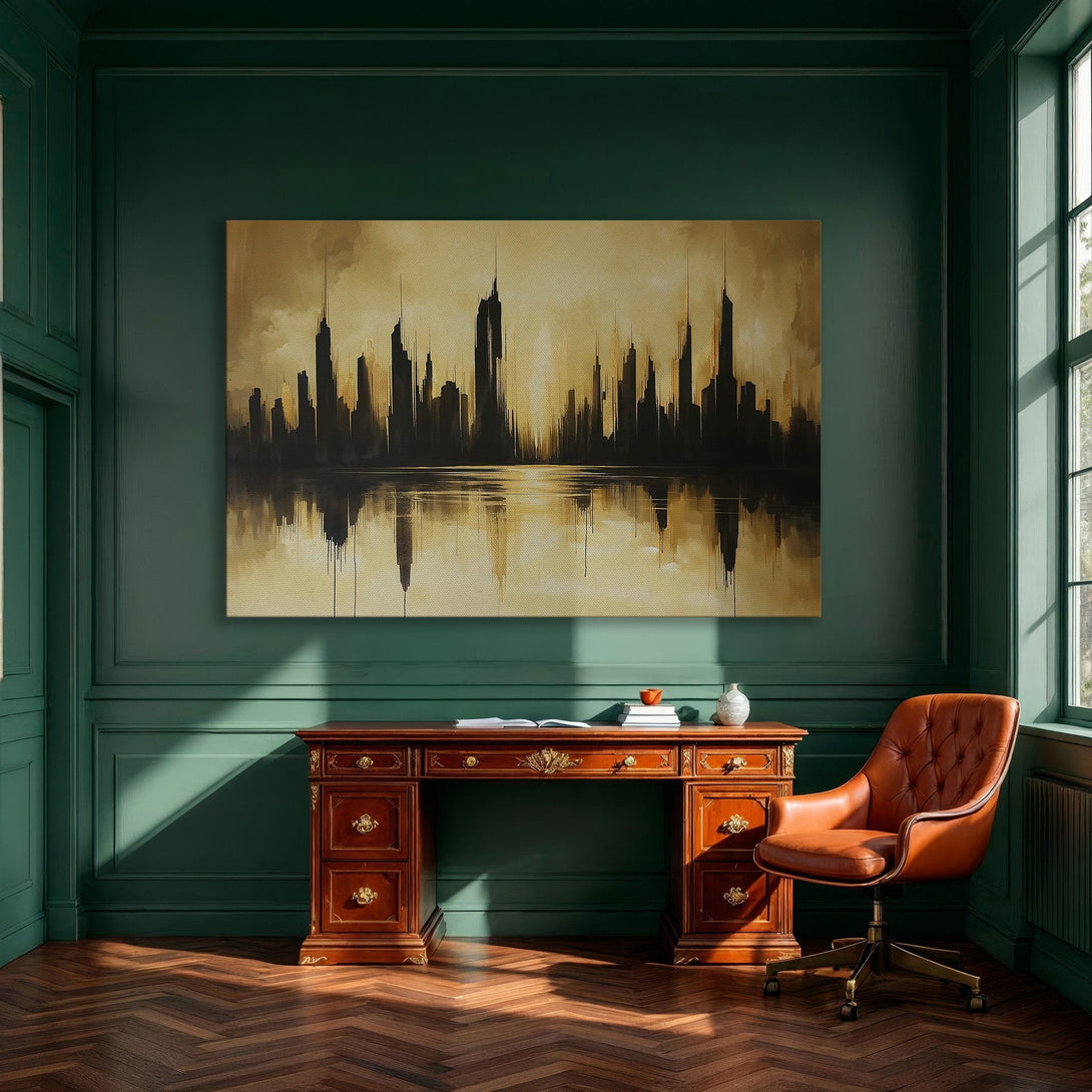 Framed Wall Art: Abstract cityscape Canvas Print in gold and black tones, perfect for modern interior decor. Add a touch of elegance to your space.