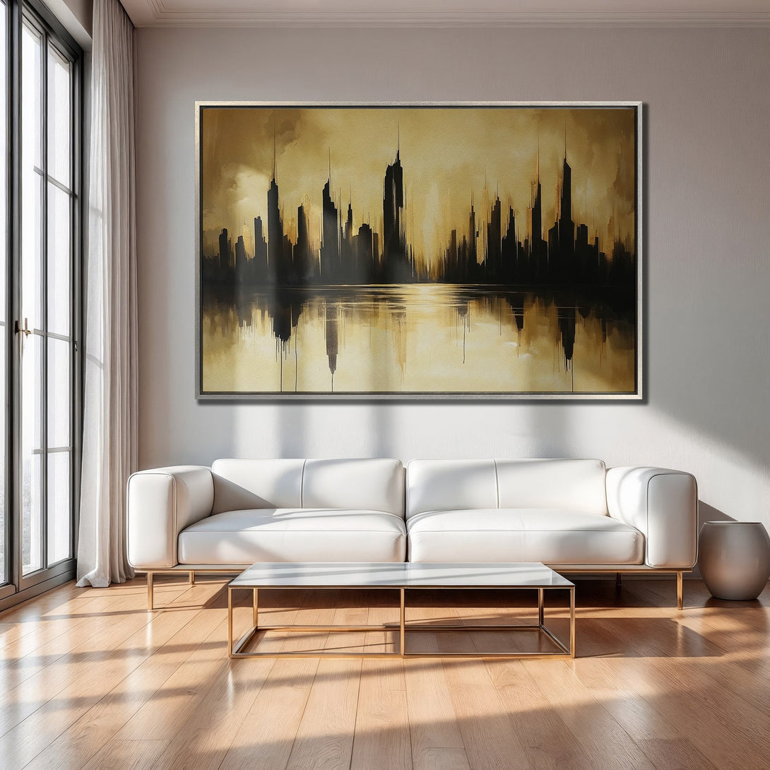 Framed Wall Art: Abstract cityscape Canvas Print in gold and black, modern style. Perfect for living room decor.
