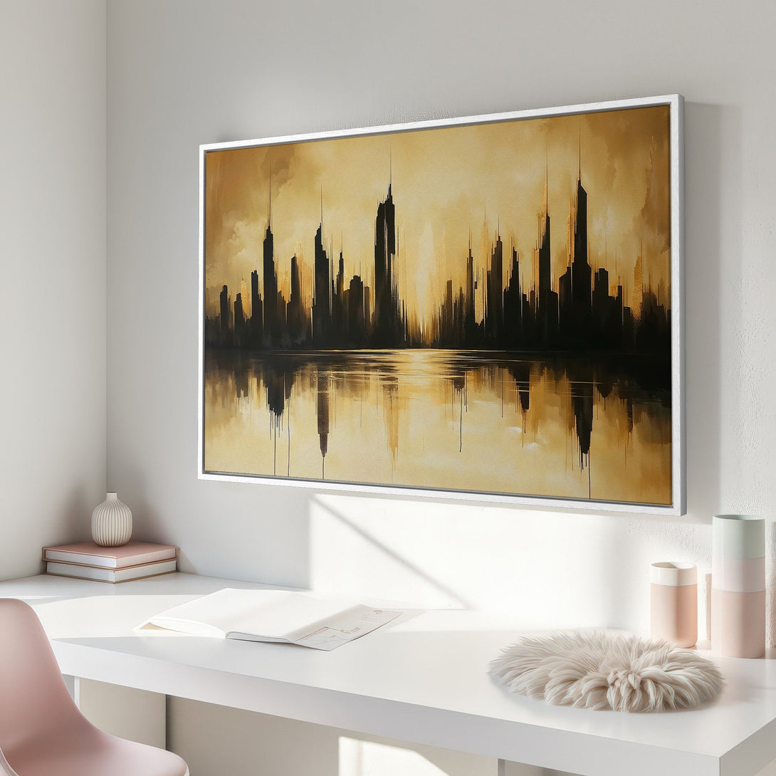 Framed Wall Art featuring a cityscape silhouette in a warm, golden color palette. Modern abstract art perfect for home decor.