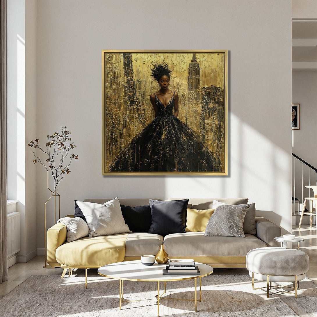 Canvas Print of a woman in a black dress against a gold cityscape. Abstract style, dramatic color palette of gold, black, and teal.
