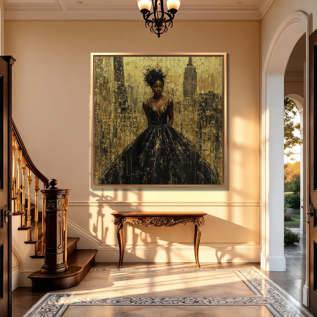 Framed Wall Art: Abstract portrait in gold & black, displayed in a luxurious interior. Modern art canvas print perfect for elegant home decor.