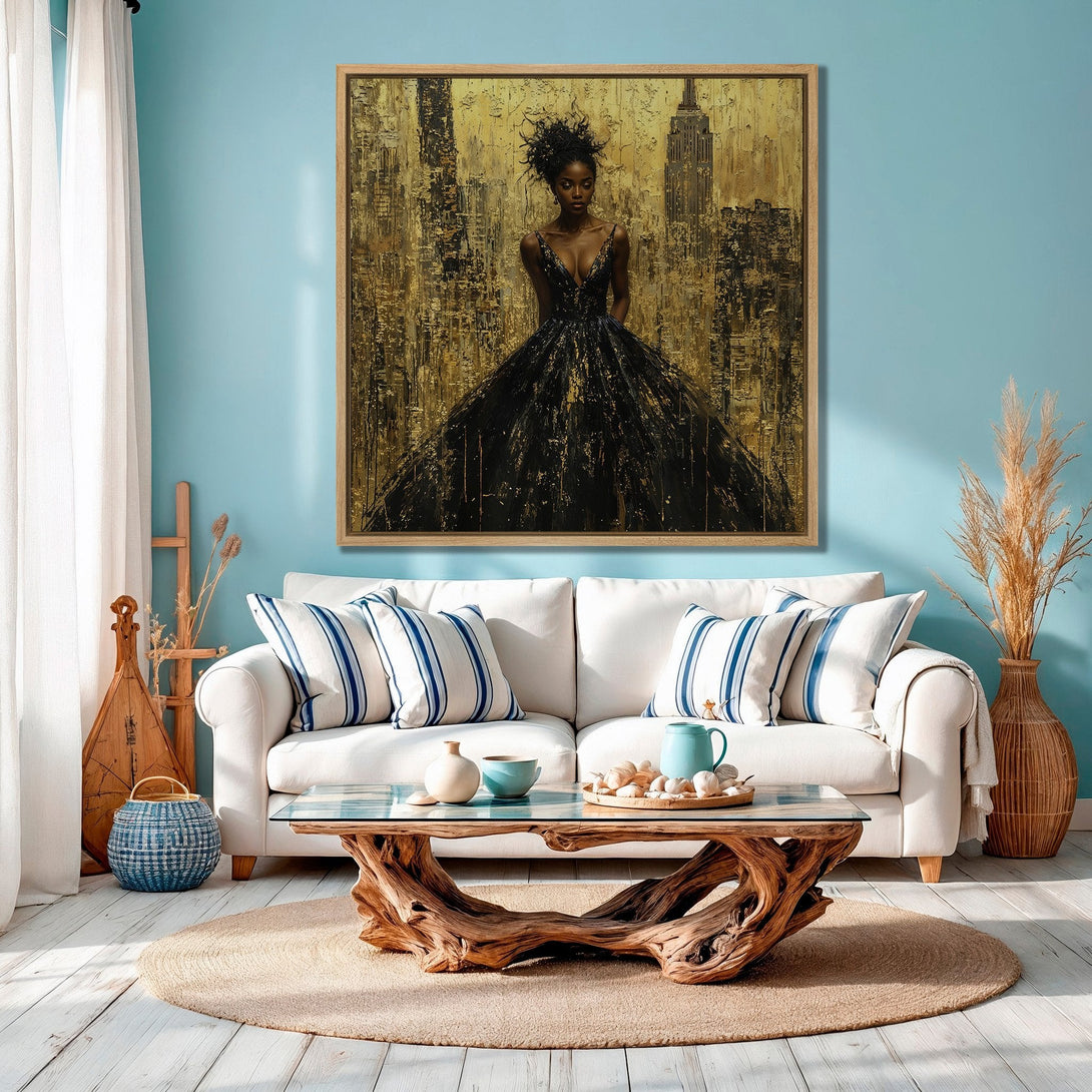 Framed Wall Art featuring a woman in a black dress against a gold cityscape. Modern abstract style, warm gold and black palette, perfect for home decor.