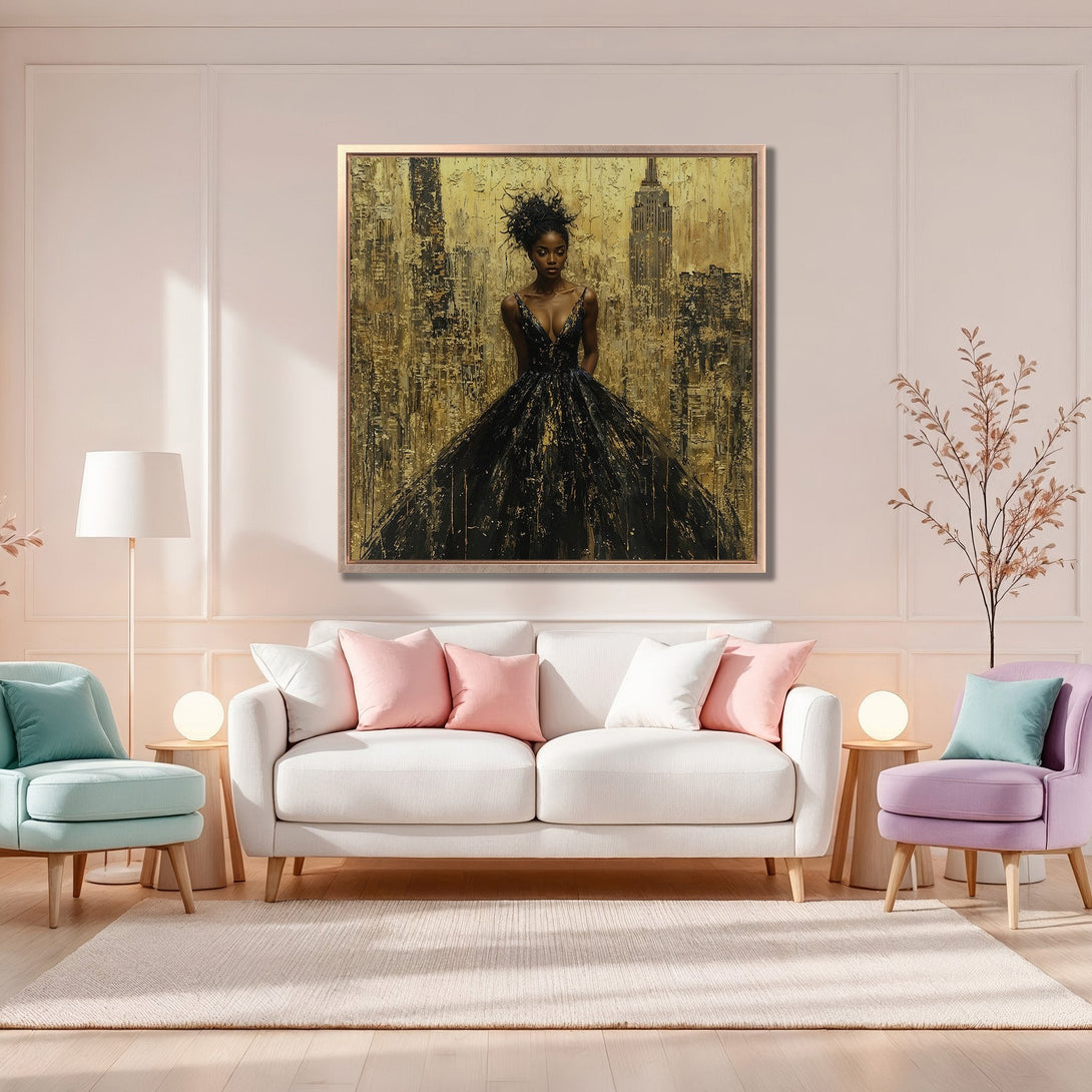 Framed Wall Art: Elegant woman in black dress against gold cityscape. Modern art print with a sophisticated, warm color palette. Elevate your space!