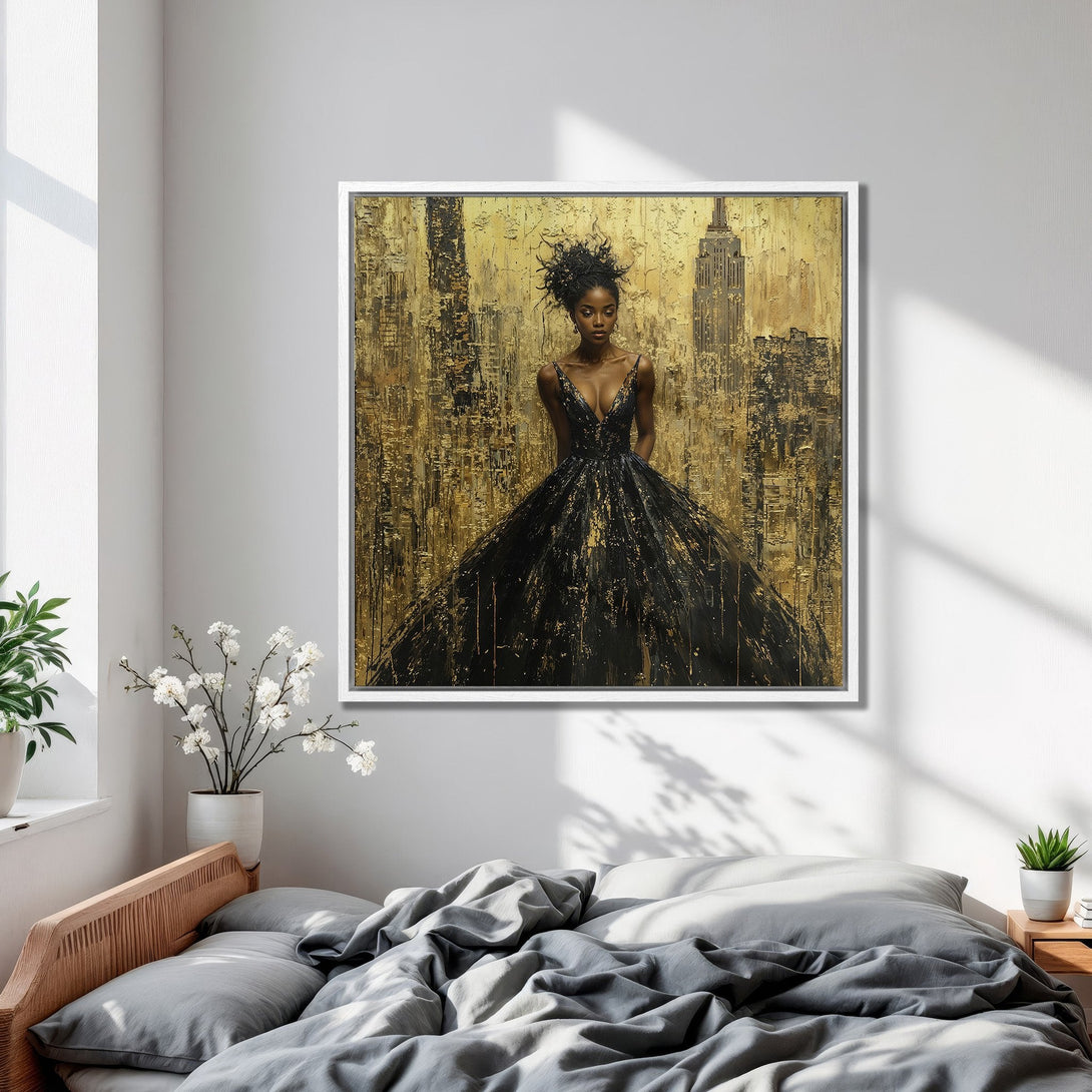 Framed Wall Art: Elegant woman in black dress against gold cityscape. Modern art Canvas Print with black & gold color palette, perfect for bedroom decor.