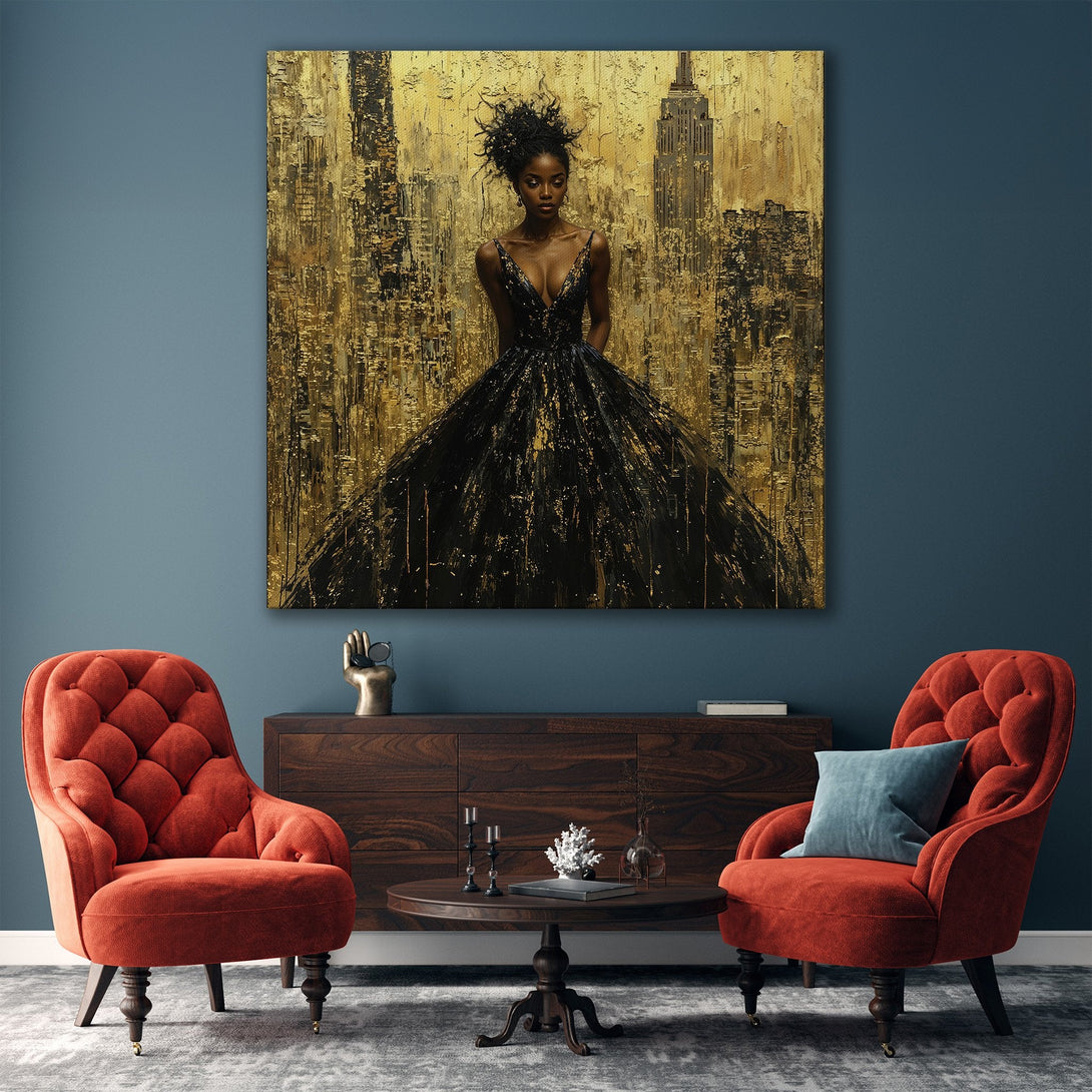 Framed Wall Art: Elegant woman in black dress against gold cityscape. Modern abstract style, rich gold and black color palette. Perfect for luxury decor.